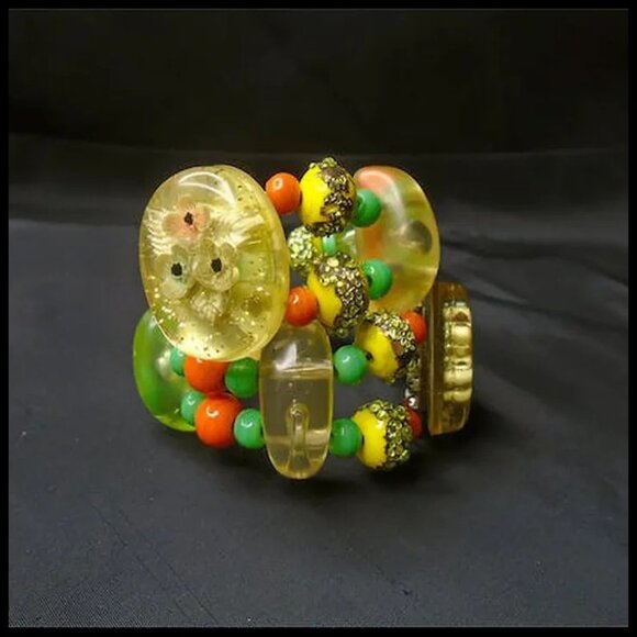 Vintage Lucite Tropical Fruit Salad Beaded Wrap Bracelet Retro Style - Picture 8 of 11